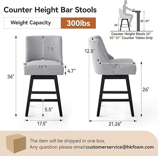 Counter Height Swivel Bar Stools Set of 3, Modern Linen Fabric Swivel Barstools with Back and Wood Legs, Upholstered 26" Seat Height Counter Stools for Kitchen Island, Home Bar, Grey