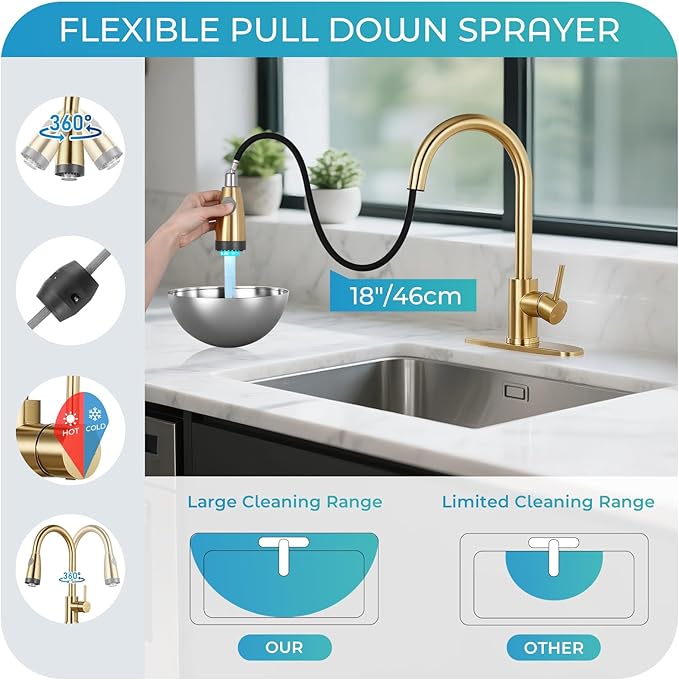 LED Kitchen Faucet with Pull Down Sprayer - Brushed Gold Single Handle Kitchen Faucets, High Arc Stainless Steel Pull Out Kitchen Sink Faucet with Deck for RV Laundry Farmhouse Bar