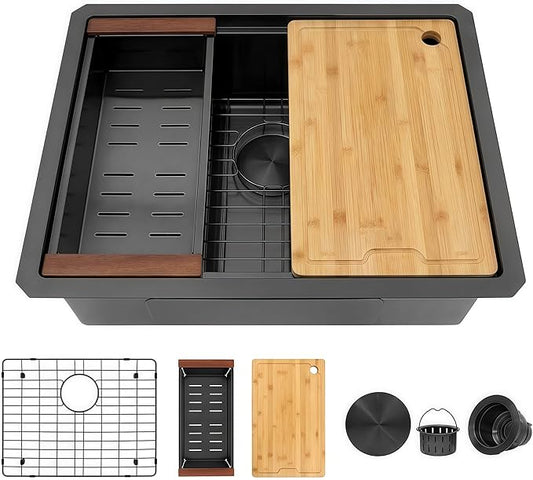23 Inch Black Undermount Kitchen Sink,16 Gauge Stainless Steel Kitchen Sink Single Bowl, 23"x19"x9" Undermount Sink Ledge Workstation Sinks With All Accessories, Multi-Functional Sinks