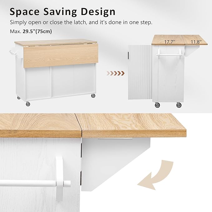 RUNNA Fluted Kitchen Island with Drop Leaf,Farmhouse Accent on Wheels with Internal Storage Rack,Rolling Cart with Towel Rack for Kitchen,Dining Room,White(White@046)