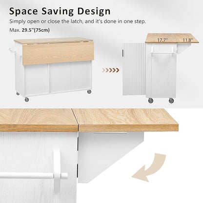 RUNNA Fluted Kitchen Island with Drop Leaf,Farmhouse Accent on Wheels with Internal Storage Rack,Rolling Cart with Towel Rack for Kitchen,Dining Room,White(White@046)