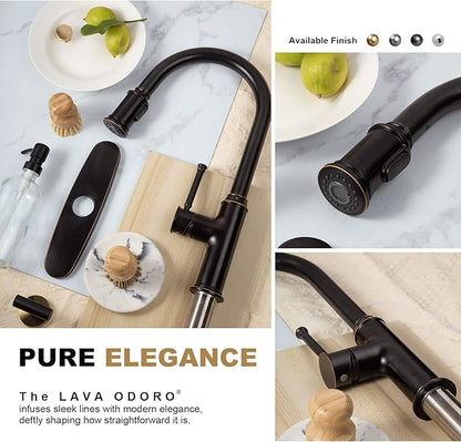 Lava Odoro Oil Rubbed Bronze Kitchen Faucet with Pull Down Sprayer, Single Hole Kitchen Sink Faucet, Single Handle Kitchen Faucet with 3-Function Magnetic Sprayer, Deck Plate Included, KF421-ORB-M