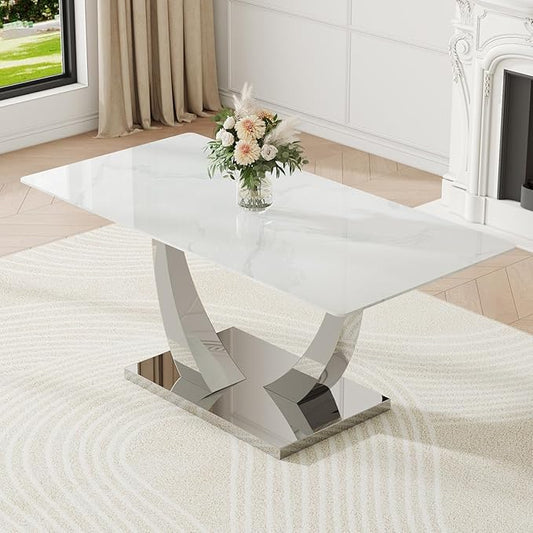 71" Modern Kitchen Table, Faux Marble Dining Room Table with 0.4" Thick Tempered Glass Top, White Dining Table with Silver U-Shaped Metal Base for Kitchen Dining Room