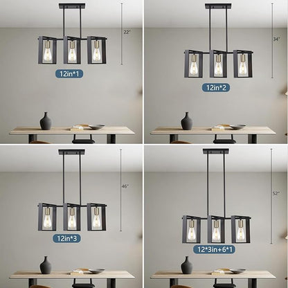 9MMML 3 Lights Kitchen Island Lighting, Modern Rectangle Linear Pendant Light, Black Frame+ Gold Socket Chandelier for Dining &Living Room Foyer Entryway Hallway,E26,Height Adjustable.