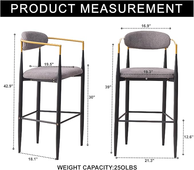 Modern Upholstered Accent Chair Set of 2 with Ergonomic Backrest,Gold Accented Armrests,Linen Fabric Seat,Black Metal Frame,Contemporary Seating for Dining Room,Kitchen Island (Grey,Bar Stool)