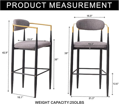 Modern Upholstered Accent Chair Set of 2 with Ergonomic Backrest,Gold Accented Armrests,Linen Fabric Seat,Black Metal Frame,Contemporary Seating for Dining Room,Kitchen Island (Grey,Bar Stool)