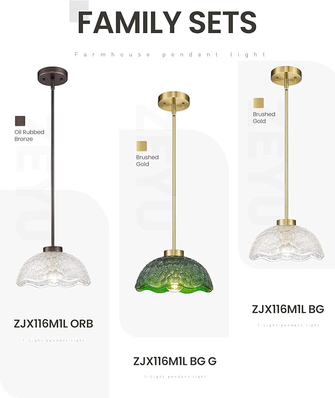 zeyu 10.4 Inch Vintage Kitchen Light Fixture, Hanging Ceiling Light Fixture, Brushed Gold Ceiling Pendant Light with Green Hammered Glass, ZJX116M1L BG G