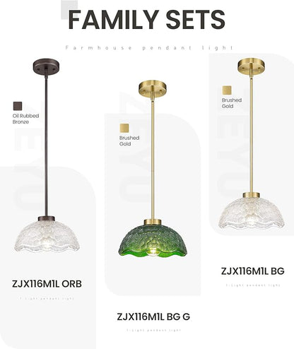 zeyu 10.4 Inch Green Glass Pendant Lightings, Brushed Gold 1 Light Island Light Fixtures, Hanging Lamps 2 Pack with Green Hammered Glass, ZJX116M1L-2PK BG G