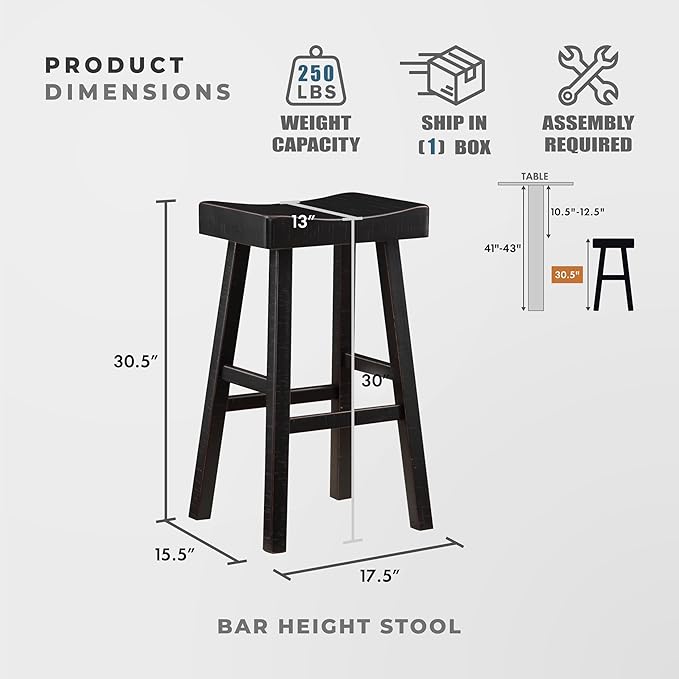 Lexicon Bar Height Bar Stools Set of 2 - Solid Wood Pub Chairs with Footrest, Armless Kitchen Chairs for Island, Living Room, Breakfast Nook, Easy to Clean, Sturdy, Transitional 30.5" High - Black