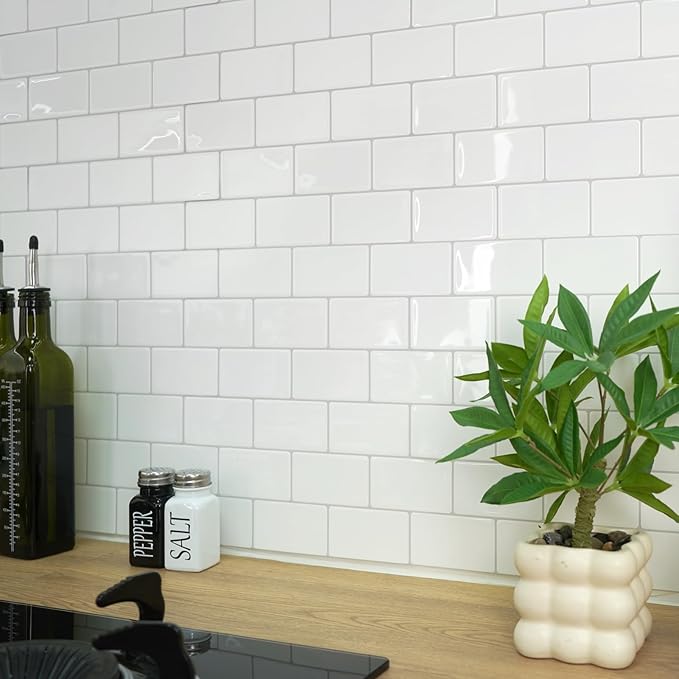 STICKGOO Peel and Stick Backsplash Subway Tiles, 10 Sheets of 12" x 12" - 3D Adhesive Peel and Stick Tile Backsplash for Kitchen, Bathroom, Wall Tile (Thicker Design, Bright Glossy White)