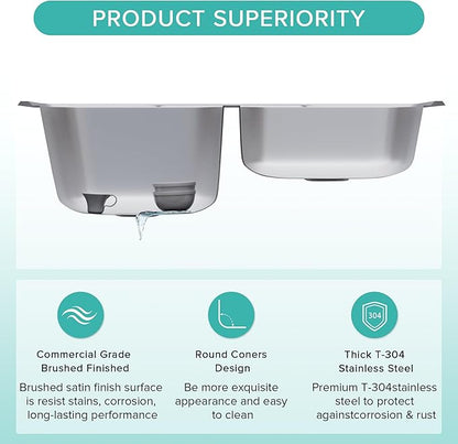 Rhbamoa 33''x22'' Drop In Kitchen Sink,T304 Stainless Steel Sink,50/50 Double Bowl Kitchen Sinks 33 Inch,10'' & 7'' Deep Top Mount Double sinks with 3 Faucet Holes