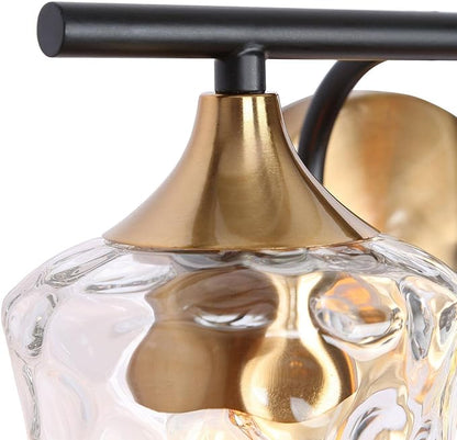 KSANA Bathroom Vanity Lights, 2-Light Black and Electroplated Brass Vanity Light Over Mirror Mid-Century Modern Bathroom Light Fixtures with Textured Glass, 14" L x 6.7" W x 7.3" H