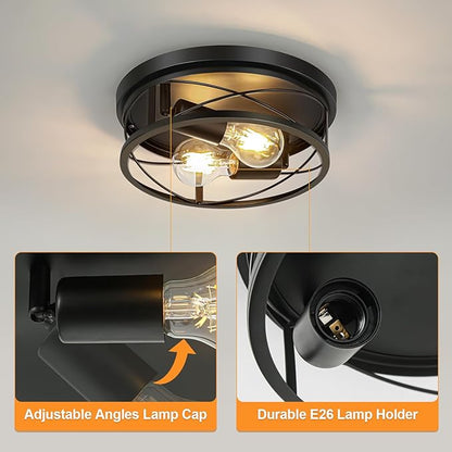 Farmhouse Lights,Black Industrial 2 Pack Round Metal Flush Mount Hallway & Bedroom Ceiling Lamp, Kitchen Round Lights (Bulbs Not Included)