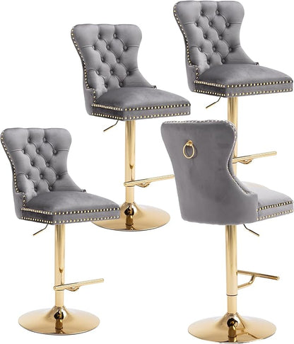 Rhomtree 27-36 Inch Swivel Bar Stools, Adjustable Counter Height Barstools with Tufted High Back & Ring Pull Golden Footrest, Upholstered Bar Chairs for Home Bar Kitchen Island(Grey Set of 4)