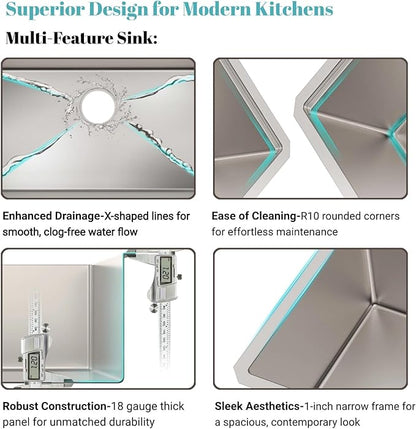 30" x 19" Kitchen Workstation Sink - 10" Deep Basin, 3D Embossed Undermount, Scratch Resistant Stainless Steel