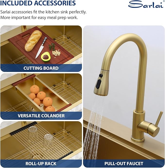 Sarlai 33 Gold Kitchen Sink with Faucet- 33x22 Inch Drop In Kitchen Sink Single Bowl Topmount Gold Ledge Workstation Sinks 16 Gauge Stainless Steel Sinks with Pull-out Faucet