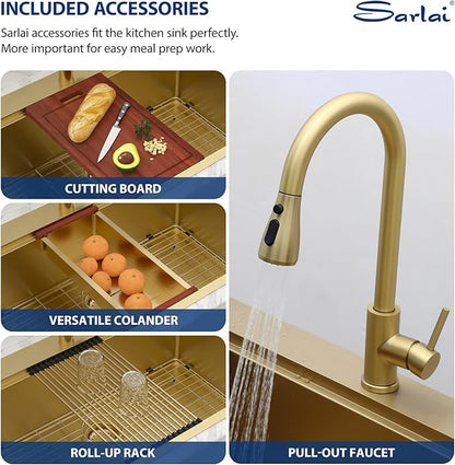 Sarlai 33 Gold Kitchen Sink with Faucet- 33x22 Inch Drop In Kitchen Sink Single Bowl Topmount Gold Ledge Workstation Sinks 16 Gauge Stainless Steel Sinks with Pull-out Faucet