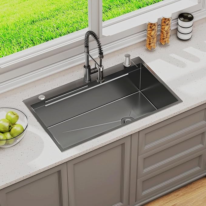 28 x 18 inch Kitchen Sink, Single Bowl Stainless Steel Gunmetal Black Topmount Drop in Sink with Pull-Down Faucet (Black, 2818)