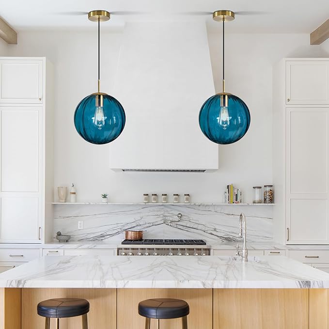 Modern Blue Glass Pendant Light, Kitchen Island Lighting 2-Pack Globe Pendant Light Fixtures Century Kitchen Island Pendant Lighting for Bedroom Living Dining Room Light Fixture (Without Bulb)