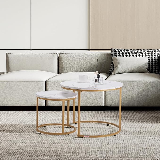 VEVOR Nesting Coffee Table Set of 2, 23.6 in Round Coffee Table, Nesting Tables for Small Place, Vintage End Side Tables Night Stand with Metal Frame, for Living Room, Bedroom, Office (White & Gold)