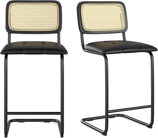 Counter Height Bar Stools Set of 2, Upholstered PU Leather Bar stools with Rattan Back, 26 inch Stools Armless Bar Chairs for Kitchen Island, Black