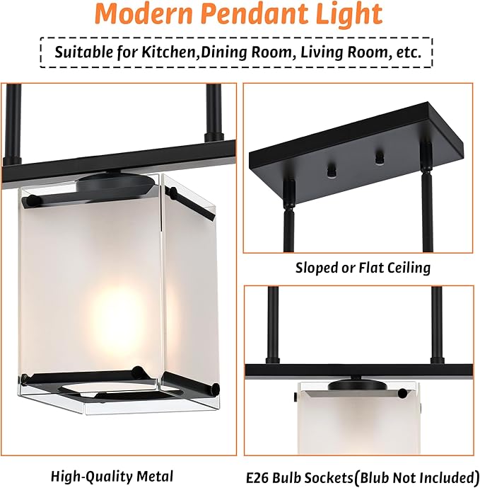 3-Light Dining Room Light Fixture Kitchen Island Lighting with Frosted Glass Shade Linear Black Chandelier Pendant Lighting Over Table for Dining Table Kitchen Island, Adjustable Height