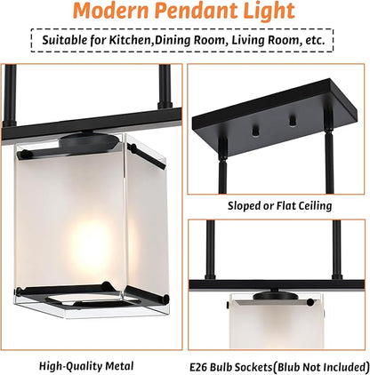 5-Light Blcak Chandeliers for Dining Room, Modern Kitchen Island Lighting with Frosted Glass Shade Linear Pendant Lighting for Dining Table Kitchen Island, Adjustable Height