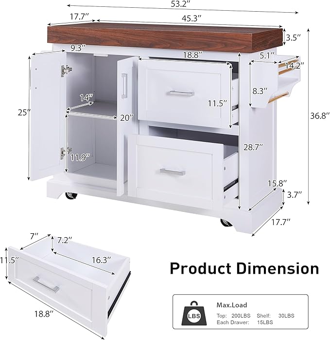 53.25" Large Kitchen Island with Storage on Wheels and 2 Extra-large Drawers, Rolling kitchen Island with Spice Rack and Towel Rack, Mobile Dining Table with 3.5" Thick Desktop and Cabinet White
