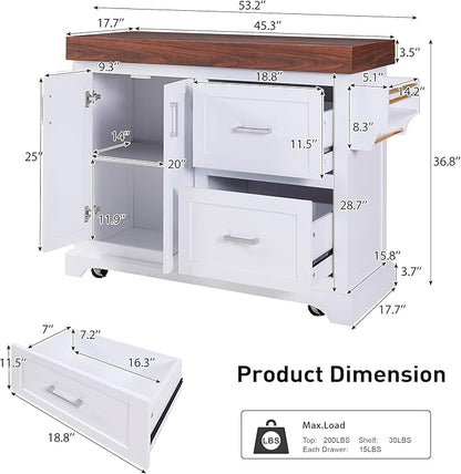 53.25" Large Kitchen Island with Storage on Wheels and 2 Extra-large Drawers, Rolling kitchen Island with Spice Rack and Towel Rack, Mobile Dining Table with 3.5" Thick Desktop and Cabinet White
