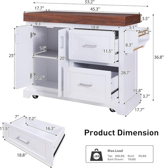 53.25" Large Kitchen Island with Storage on Wheels and 2 Extra-large Drawers, Rolling kitchen Island with Spice Rack and Towel Rack, Mobile Dining Table with 3.5" Thick Desktop and Cabinet White
