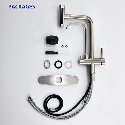 Waterfall Kitchen Faucet with Water Filter,Upgraded Separate Drinking Water 2 Handle Kitchen Faucet with Pull Down Sprayer, Brushed Nickel 3 in 1 Sink Faucets, Without Water Filtration Device