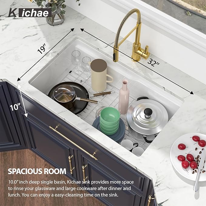 Kichae 32 Inch White Undermount Sink Workstation Ceramic Fireclay 32x19 Inch White Kitchen Sink Dual Drop in & Undermount Kitchen Sink Single Bowl Deep Porcelain Sink