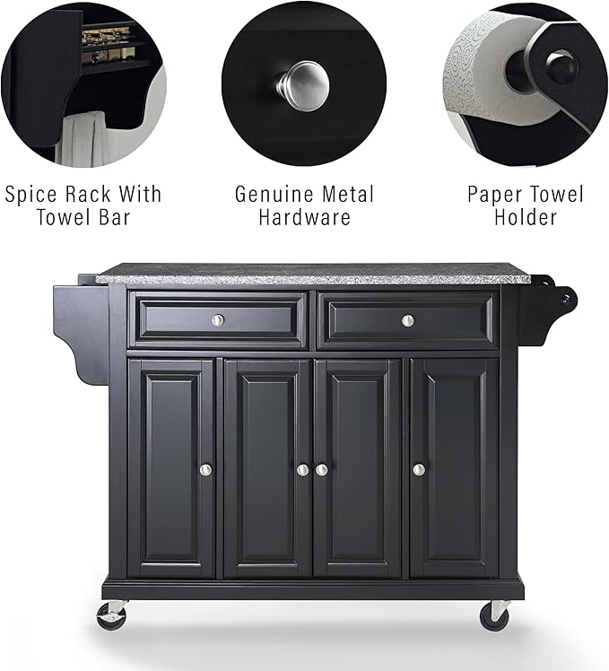 Crosley Furniture Full Size Granite Top Rolling Kitchen Island Storage Cart, Microwave Stand, Spice Rack, Black
