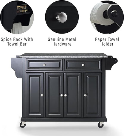 Crosley Furniture Full Size Granite Top Rolling Kitchen Island Storage Cart, Microwave Stand, Spice Rack, Black