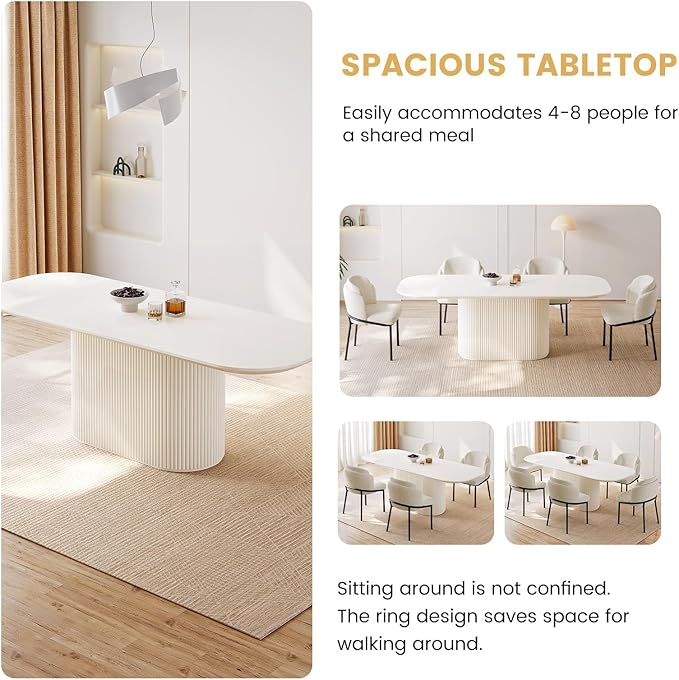 86.61" Oval Modern Dining Table Set for 6, Dining Room Tables with 6 Chairs for Kitchen, Living Room, 7 Piece Kitchens Table 6 Seaters Dinner Table Set, Cream White