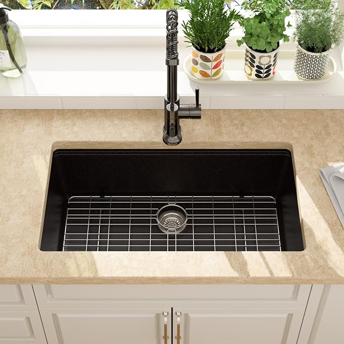 Lordear 32 Inch Black Granite Composite Kitchen Sink 32x19 Inch Workstation Quartz Undermount Kitchen Sinks Under Counter Single Bowl