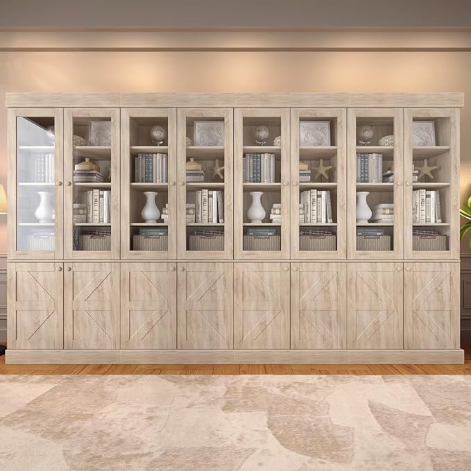 ivaniti 71" Tall Kitchen Pantry Cabinet, Rustic Farmhouse Storage Hutch with Glass Doors & Adjustable Shelves, Freestanding Wood Buffet Cabinet for Dining Room, Living Room, Brown (Set of 4)