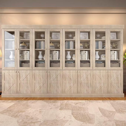 ivaniti 71" Tall Kitchen Pantry Cabinet, Rustic Farmhouse Storage Hutch with Glass Doors & Adjustable Shelves, Freestanding Wood Buffet Cabinet for Dining Room, Living Room, Brown (Set of 4)
