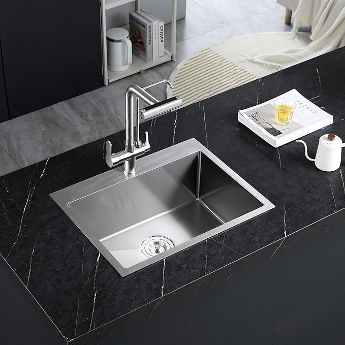ROVATE 24 x 18 inch Drop-in Kitchen Sink Single Bowl, Topmount Stainless Steel Sink with1 Hole, Handmade Overmount Kitchen or Bar Sinks with Basket Strainer