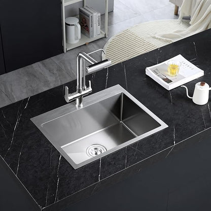 ROVATE 24 x 18 inch Drop-in Kitchen Sink Single Bowl, Topmount Stainless Steel Sink with1 Hole, Handmade Overmount Kitchen or Bar Sinks with Basket Strainer