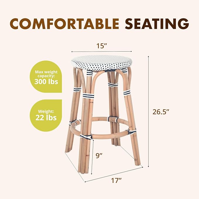 KOUBOO Bistro Backless Counter Stool, Handmade, Rattan, Kitchen Island Seating, Kitchen Stool, Boho Decor, White & Navy