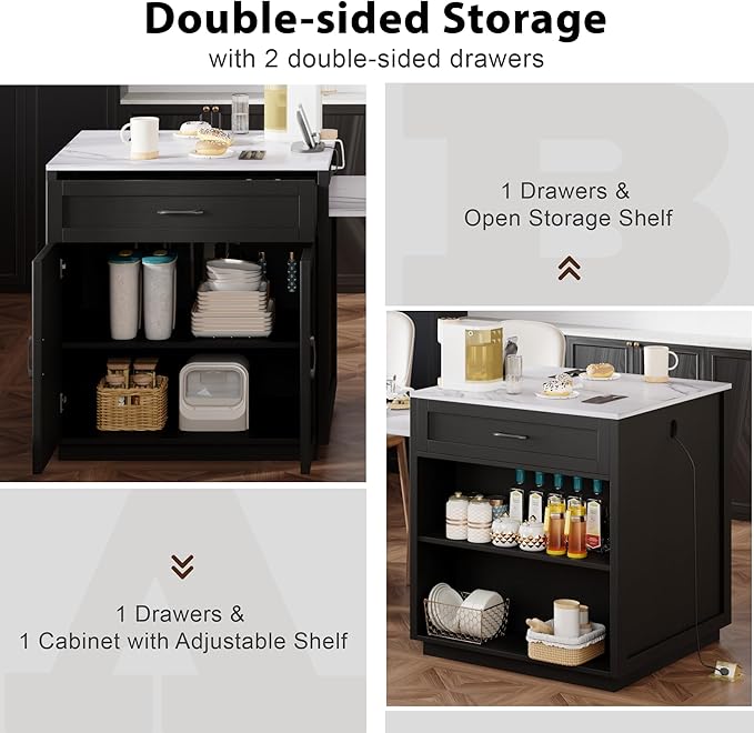 82.7 inch Kitchen Island with Extendable Dining Table for 4-6 Person, Faux Marble & Black Wood Grain Kitchen Table