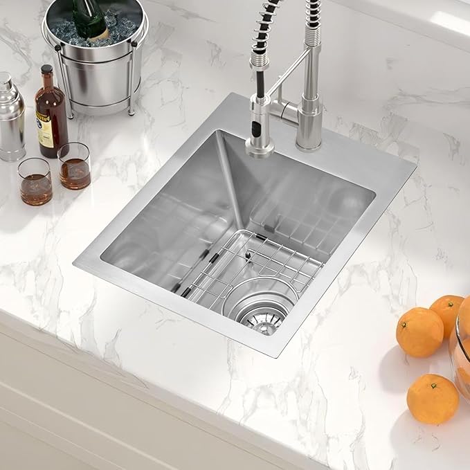 13×15 Inch Drop-In Bar Sink，18-Gauge Stainless Steel Small Kitchen Sink For RV & Bars With Accessories