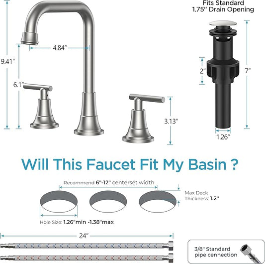 FORIOUS Brushed Nickel Bathroom Faucet 3 Hole with Dual Handles, 8 Inch Widespread Faucet for Bathroom Sink with Pop Up Drain Assembly and Water Suplly Hoses, RV Vantiy Farmhouse Ready