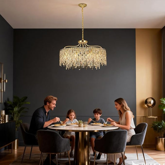 10 Lights Modern Gold Crystal Chandeliers for Dining Room Light Fixture | D28 Round Crystal Chandelier Over Table | Hanging Lighting for Living Room Kitchen Island Bedroom Bathroom