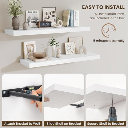 Fun Memories Floating Shelves for Wall 10 Inch, 10 Inch Deep Square Wall Shelves, Bathroom Storage Shelves Over Toilet, Wood Floating Shelves for Living Room Bedroom, White, Set of 2