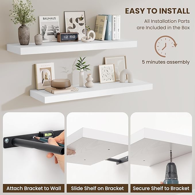 Fun Memories 72 Inch Fireplace Mantel Shelf, 10 Inch Deep Shelves for Display & Wall Storage, Rustic Wood Wall Shelf, Extra Long Floating Shelves for Living Room Laundry Room, White, Set of 1