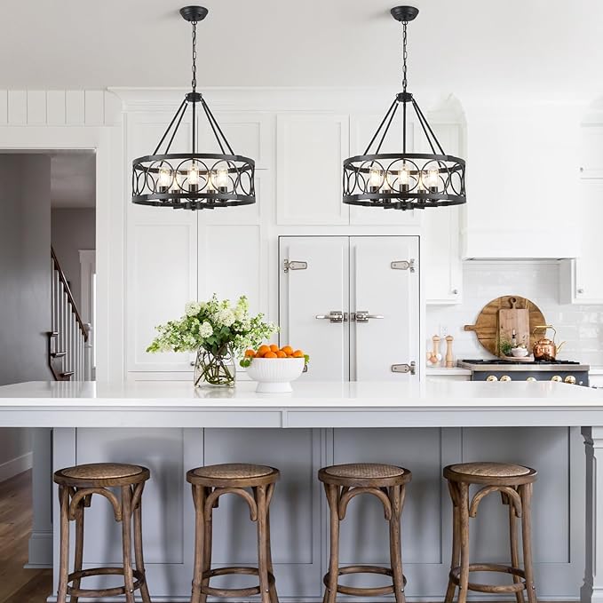 5-Light Farmhouse Chandelier for Dining Room Light Fixture,Modern Rustic Round Black Chandelier Over Table with Hanging Kitchen Drum Light Fixtures for Living Room Bedroom Entryway Foyer