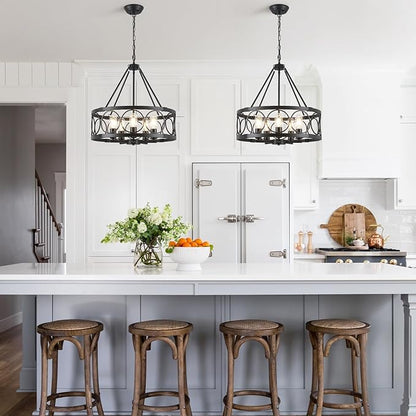 5-Light Farmhouse Chandelier for Dining Room Light Fixture,Modern Rustic Round Black Chandelier Over Table with Hanging Kitchen Drum Light Fixtures for Living Room Bedroom Entryway Foyer