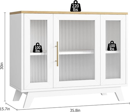 CABIHOME Buffet Cabinet, 36" Sideboard Buffet Storage Cabinet with Adjustable Shelves and Fluted Glass Door, Modern Coffee Bar, Table for Kitchen, Dining Room, Natural